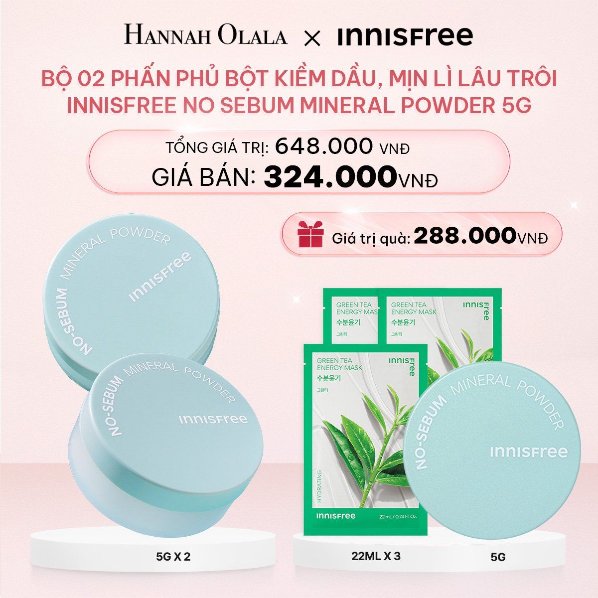  E136_DEAL 21: BỘ 02 PHẤN PHỦ BỘT KIỀM DẦU, MỊN LÌ LÂU TRÔI INNISFREE NO SEBUM MINERAL POWDER 5G 