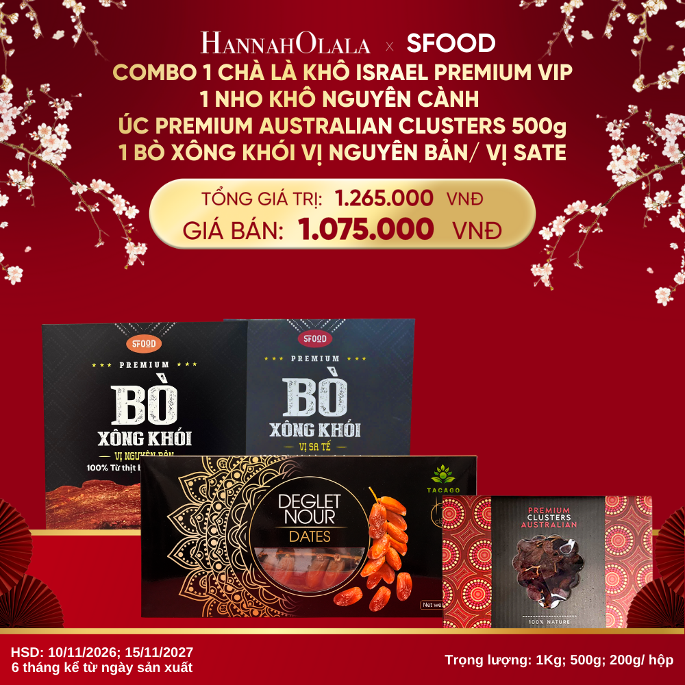  DEAL 15: COMBO 1 CHÀ LÀ KHÔ ISRAEL PREMIUM VIP - 1 NHO KHÔ NGUYÊN CÀNH ÚC PREMIUM AUSTRALIAN CLUSTERS 500G - 1 BÒ XÔNG KHÓI – VỊ NGUYÊN BẢN/ VỊ SATE 