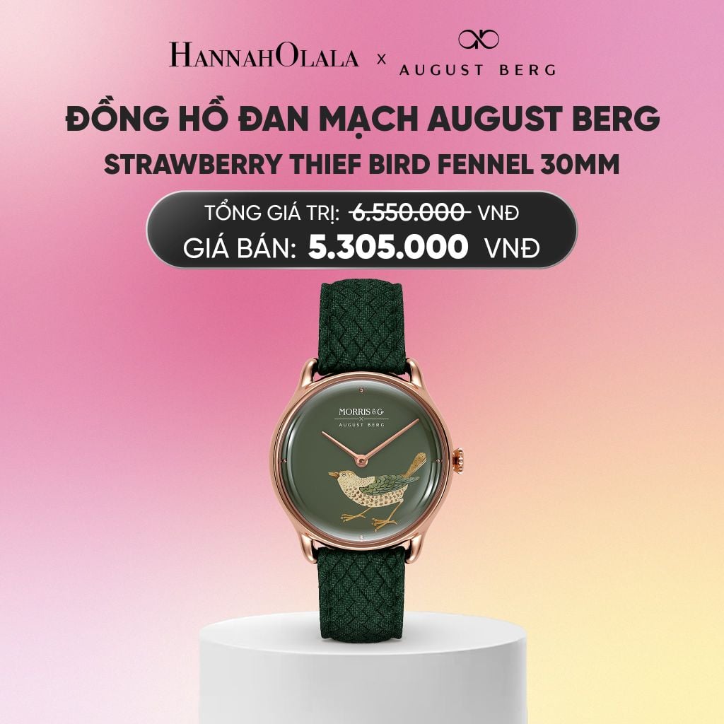  ĐỒNG HỒ ĐAN MẠCH AUGUST BERG X MORRIS & CO. - STRAWBERRY THIEF BIRD FENNEL 30MM - DÂY PERLON - VÀNG HỒNG_A2288 