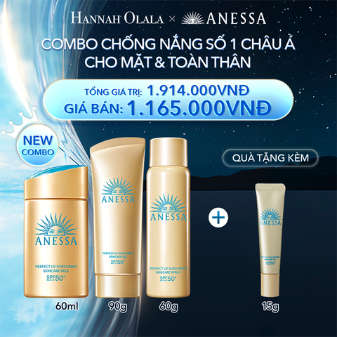  A7_DEAL 15: COMBO CHỐNG NẮNG TOÀN DIỆN CHO CÁC HOẠT ĐỘNG NGOÀI TRỜI CHO MẶT - TOÀN THÂN ANESSA GOLD MILK 60ML + GOLD GEL 90G + GOLD SPRAY 60G 