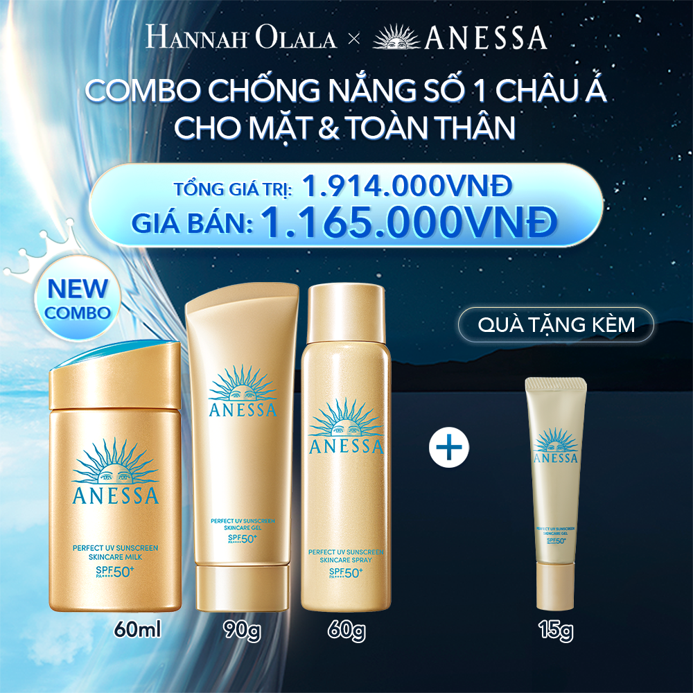  A7_DEAL 15: COMBO CHỐNG NẮNG TOÀN DIỆN CHO CÁC HOẠT ĐỘNG NGOÀI TRỜI CHO MẶT - TOÀN THÂN ANESSA GOLD MILK 60ML + GOLD GEL 90G + GOLD SPRAY 60G 