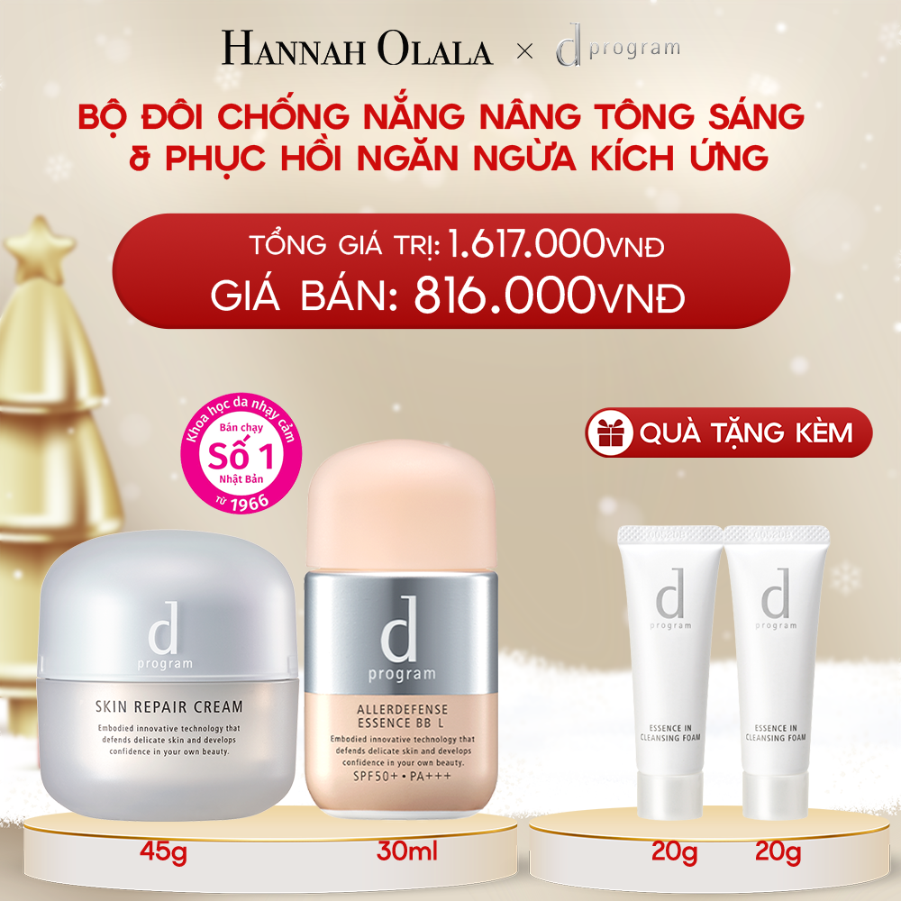  DEAL 15: COMBO KEM DƯỠNG PHỤC HỒI DA D PROGRAM SKIN REPAIR CREAM 45G + KEM CHỐNG NẮNG TRANG ĐIỂM DẠNG TINH CHẤT DÀNH CHO DA NHẠY CẢM DPROGRAM ALLERDEFENSE ESSENCE BB TÔNG SÁNG 30ML, SPF43, PA+++ 