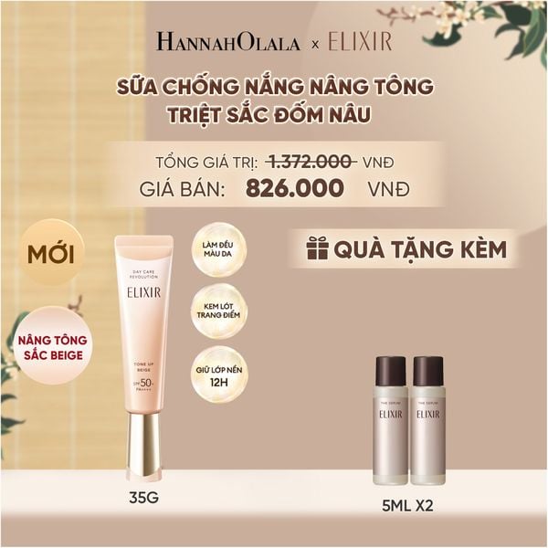  [SẮC BEIGE MỚI] KEM CHỐNG NẮNG DẠNG SỮA NÂNG TÔNG CHỐNG LÃO HÓA TRIỆT SẮC ĐỐM NÂU ELIXIR DAY CARE REVOLUTION TONE-UP PURE BEIGE 35G - DEAL 21 - A1274 