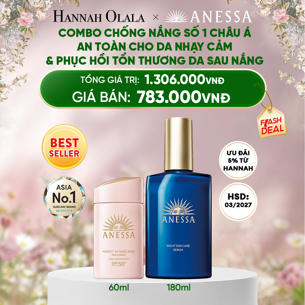  E1585_DEAL 15: COMBO KEM CHỐNG NẮNG DẠNG SỮA & SERUM PHỤC HỒI TỔN THƯƠNG SAU NẮNG AN TOÀN CHO DA NHẠY CẢM ANESSA MILD MILK 60ML + NIGHT SERUM 180ML HSD: 29/03/2027 