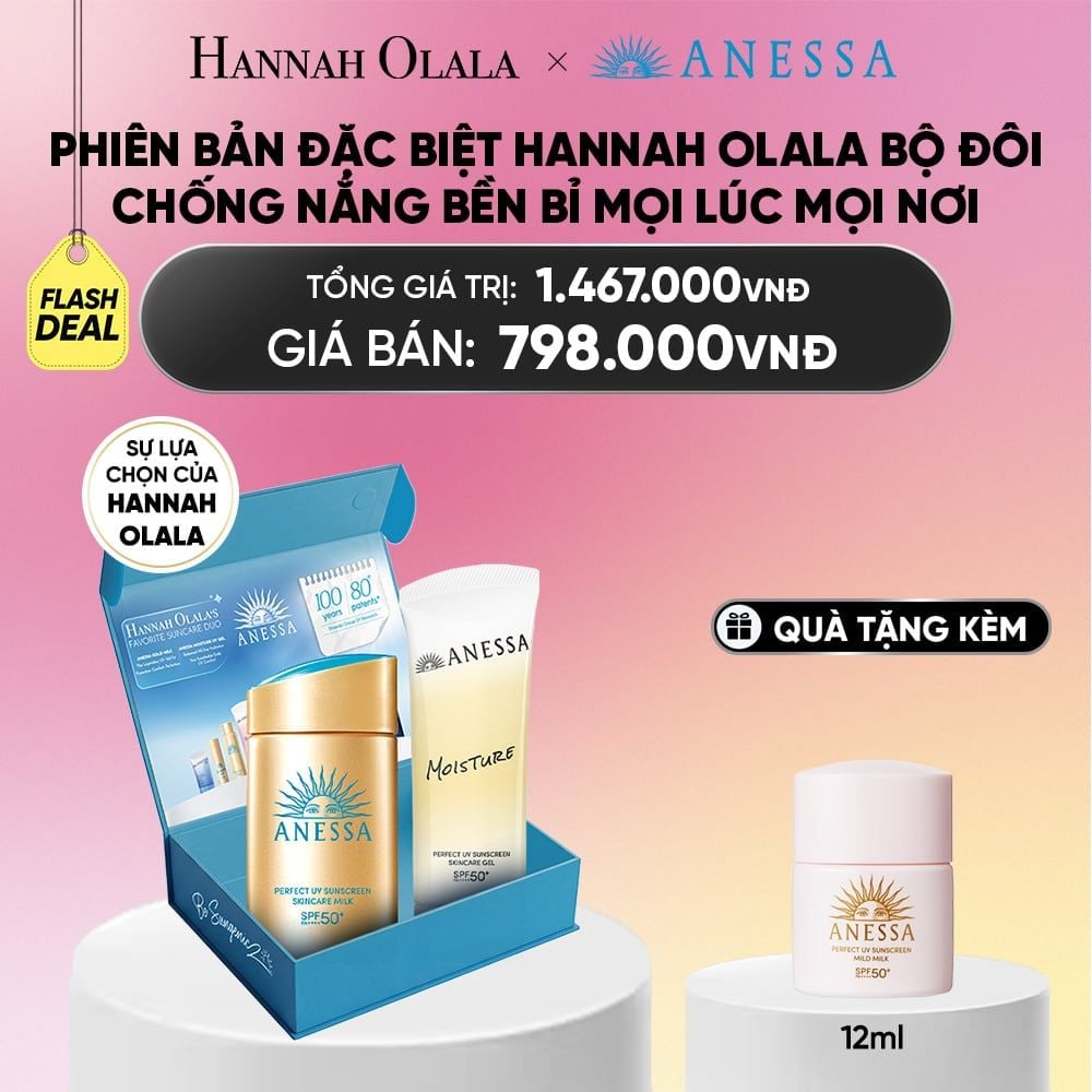  HỘP QUÀ PHIÊN BẢN ĐẶC BIỆT HANNAH OLALA - BỘ ĐÔI GEL CHỐNG NẮNG DƯỠNG DA ANESSA MOISTURE UV GEL SPF50+ PA++++ 90G VÀ SỮA CHỐNG NẮNG KIỀM DẦU ANESSA GOLD MILK SPF50+ PA++++ 60ML - DEAL 15_A2333 