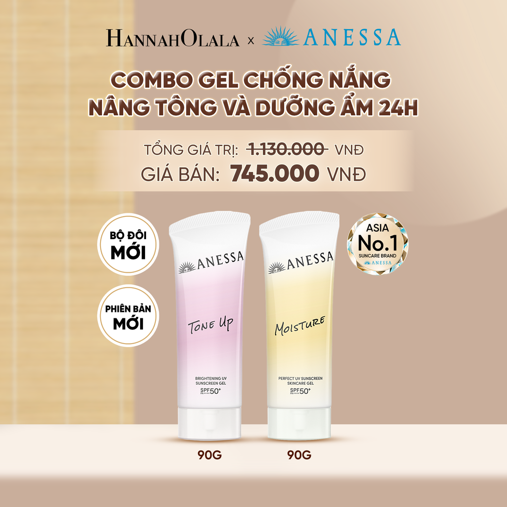  [PHIÊN BẢN MỚI] COMBO GEL CHỐNG NẮNG DƯỠNG SÁNG NÂNG TÔNG & CÂN BẰNG ĐỘ ẨM 24H SPF50+ PA++++ ANESSA TONE UP UV GEL 90G + MOISTURE UV GEL 90G - DEAL 15 - A1234 