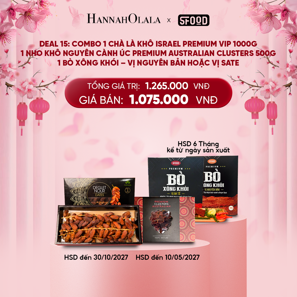  A1674_DEAL 14: COMBO 1 CHÀ LÀ KHÔ ISRAEL PREMIUM VIP - 1 NHO KHÔ NGUYÊN CÀNH ÚC PREMIUM AUSTRALIAN CLUSTERS 500g - 1 BÒ XÔNG KHÓI – VỊ NGUYÊN BẢN/ VỊ SATE 
