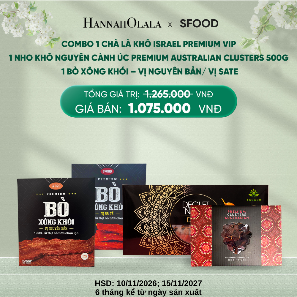  DEAL 15: COMBO 1 CHÀ LÀ KHÔ ISRAEL PREMIUM VIP - 1 NHO KHÔ NGUYÊN CÀNH ÚC PREMIUM AUSTRALIAN CLUSTERS 500g - 1 BÒ XÔNG KHÓI – VỊ NGUYÊN BẢN/ VỊ SATE 