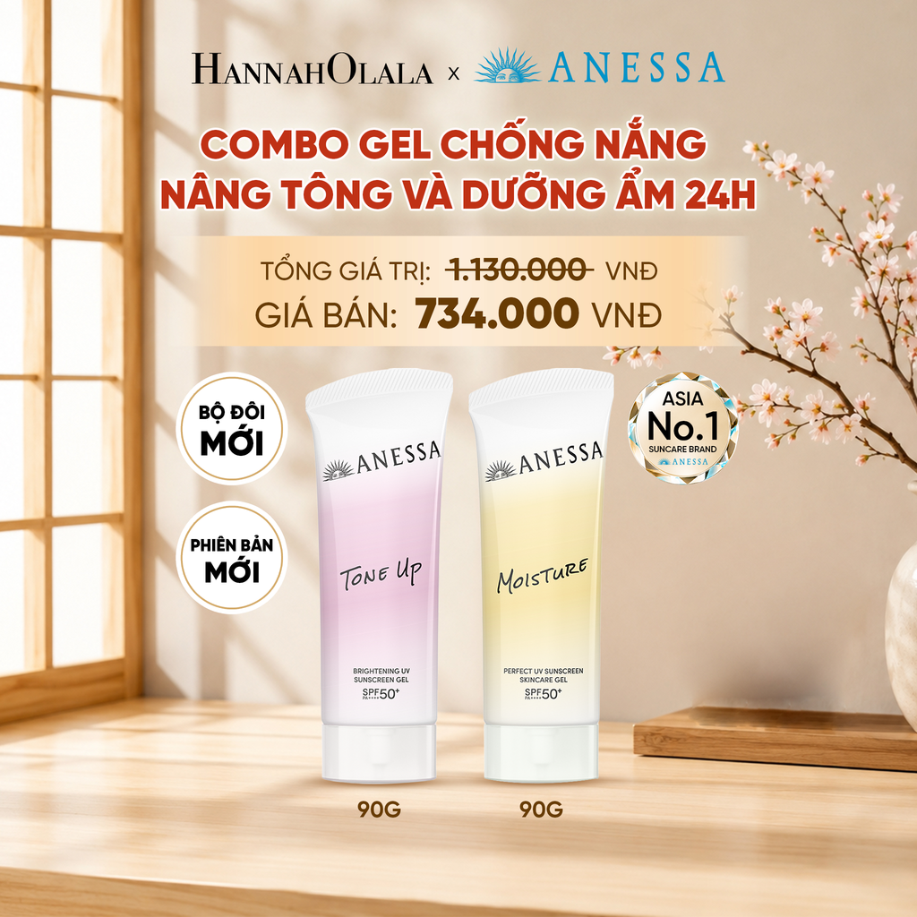  [PHIÊN BẢN MỚI] COMBO GEL CHỐNG NẮNG DƯỠNG SÁNG NÂNG TÔNG & CÂN BẰNG ĐỘ ẨM 24H SPF50+ PA++++ ANESSA TONE UP UV GEL 90G + MOISTURE UV GEL 90G - DEAL 15 