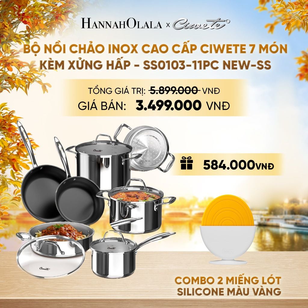  BỘ NỒI CHẢO INOX CAO CẤP CIWETE 7 MÓN - CHẢO INOX - KÈM XỬNG HẤP - SS0103-11PC NEW-SS - DEAL 16 - E1593 