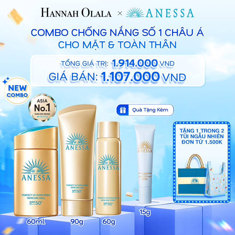  A7: DEAL 15: COMBO CHỐNG NẮNG TOÀN DIỆN CHO CÁC HOẠT ĐỘNG NGOÀI TRỜI CHO MẶT - TOÀN THÂN ANESSA GOLD MILK 60ML + GOLD GEL 90G + GOLD SPRAY 60G 