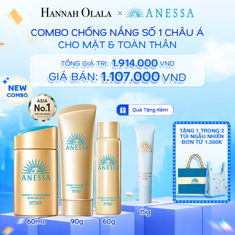  A7: DEAL 15: COMBO CHỐNG NẮNG TOÀN DIỆN CHO CÁC HOẠT ĐỘNG NGOÀI TRỜI CHO MẶT - TOÀN THÂN ANESSA GOLD MILK 60ML + GOLD GEL 90G + GOLD SPRAY 60G 