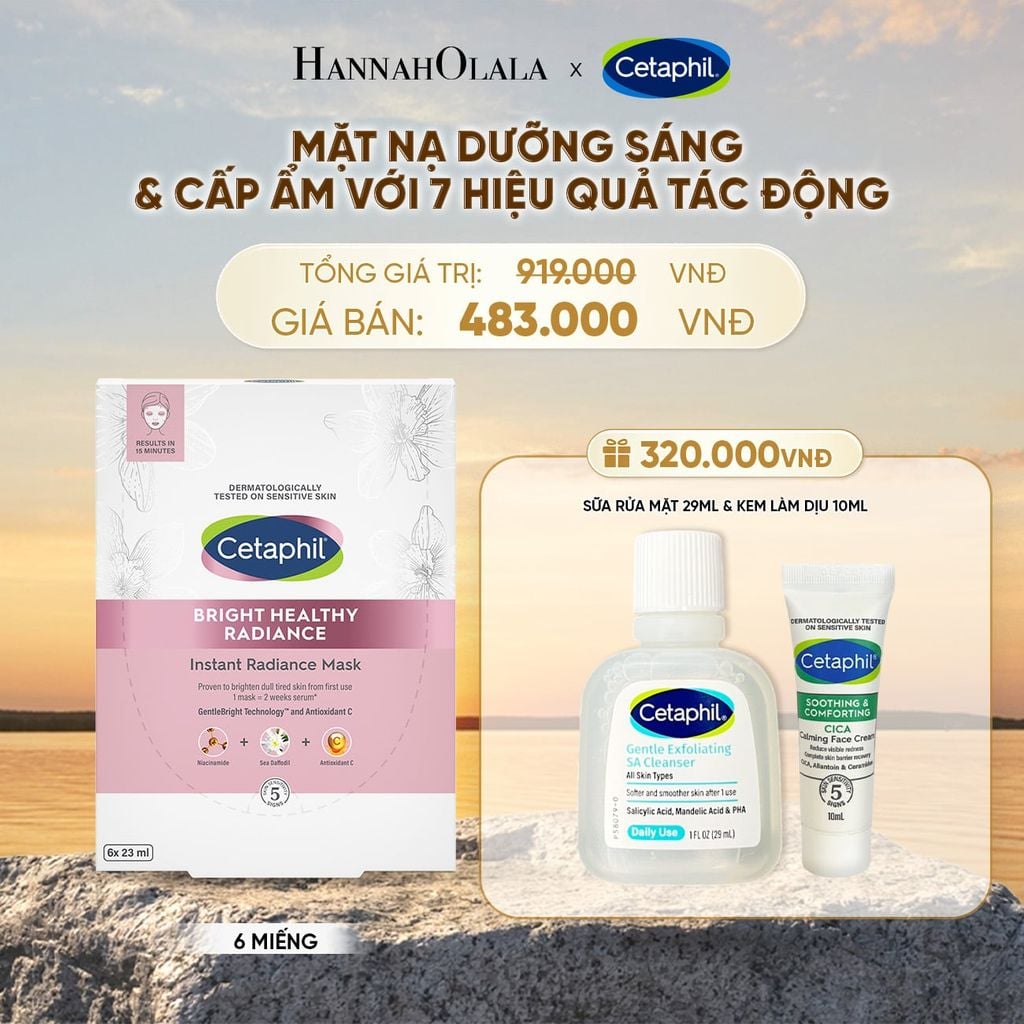  HỘP 6 MẶT NẠ LÀM SÁNG DỊU LÀNH CHO DA NHẠY CẢM CETAPHIL BRIGHT HEALTHY RADIANCE FACE MASK DEAL 16: - B594 