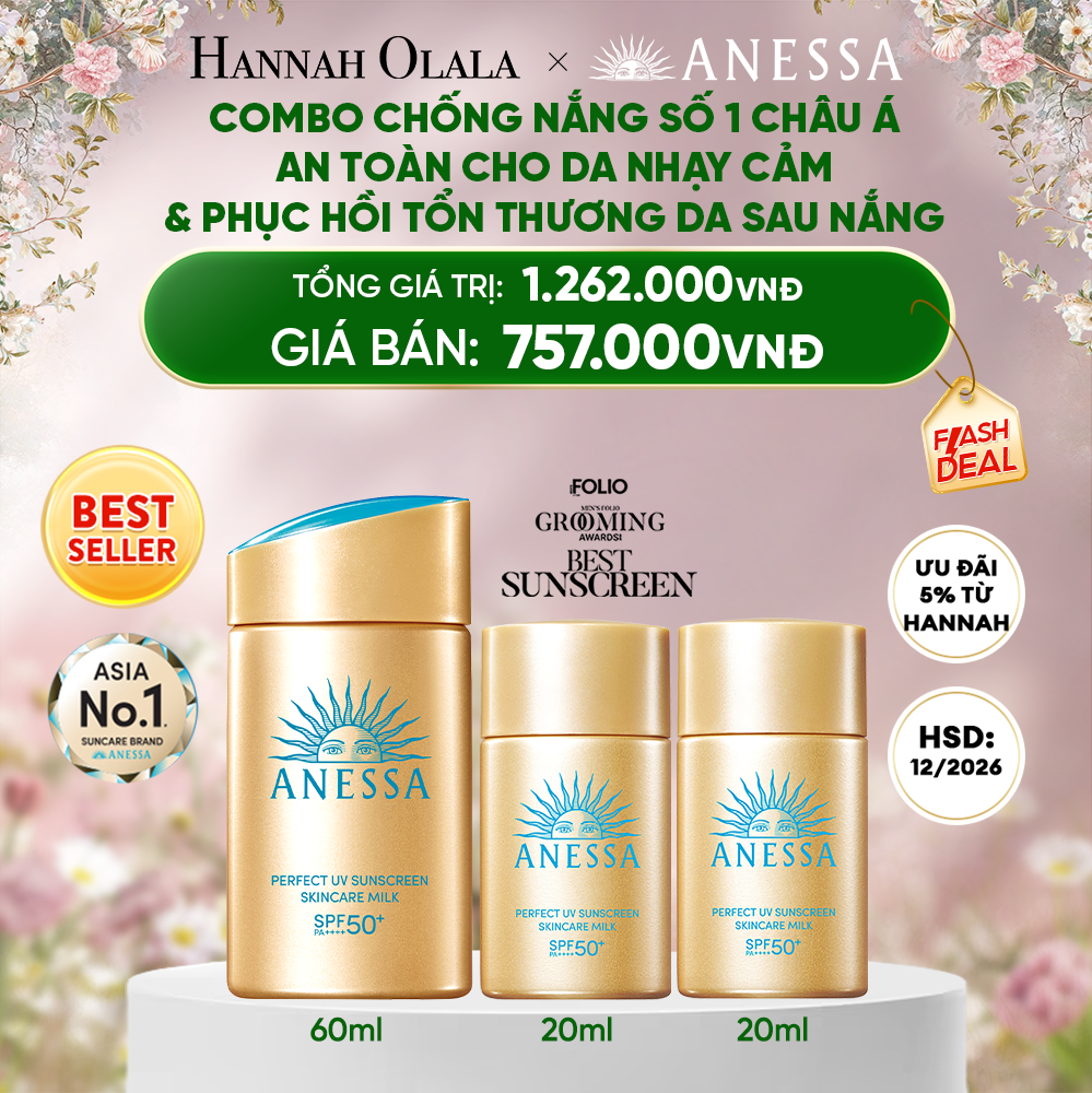  E1584_DEAL 16: COMBO KEM CHỐNG NẮNG DẠNG SỮA DƯỠNG DA KIỀM DẦU BẢO VỆ HOÀN HẢO ANESSA GOLD MILK SPF50+ PA++++ 60ML + 20ML + 20ML HSD: 25/12/2026 