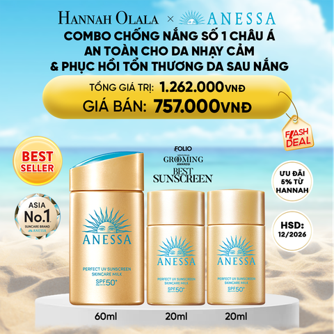  DEAL 16: COMBO KEM CHỐNG NẮNG DẠNG SỮA DƯỠNG DA KIỀM DẦU BẢO VỆ HOÀN HẢO ANESSA GOLD MILK SPF50+ PA++++ 60ML + 20ML + 20ML HSD: 25/12/2026 