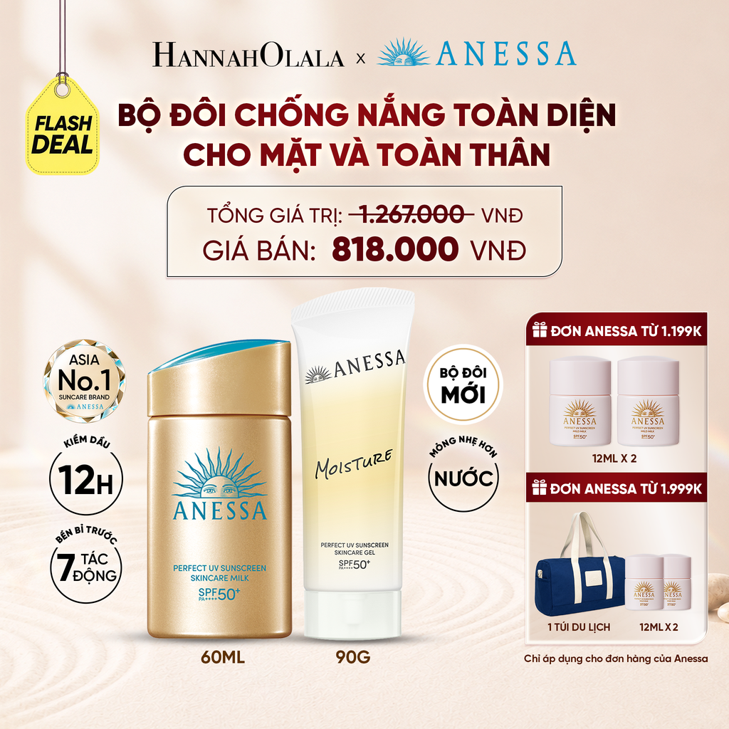  BỘ ĐÔI GEL CHỐNG NẮNG DƯỠNG DA ANESSA MOISTURE UV GEL SPF50+ PA++++ 90G VÀ SỮA CHỐNG NẮNG KIỀM DẦU ANESSA GOLD MILK SPF50+ PA++++ 60ML - DEAL 16 