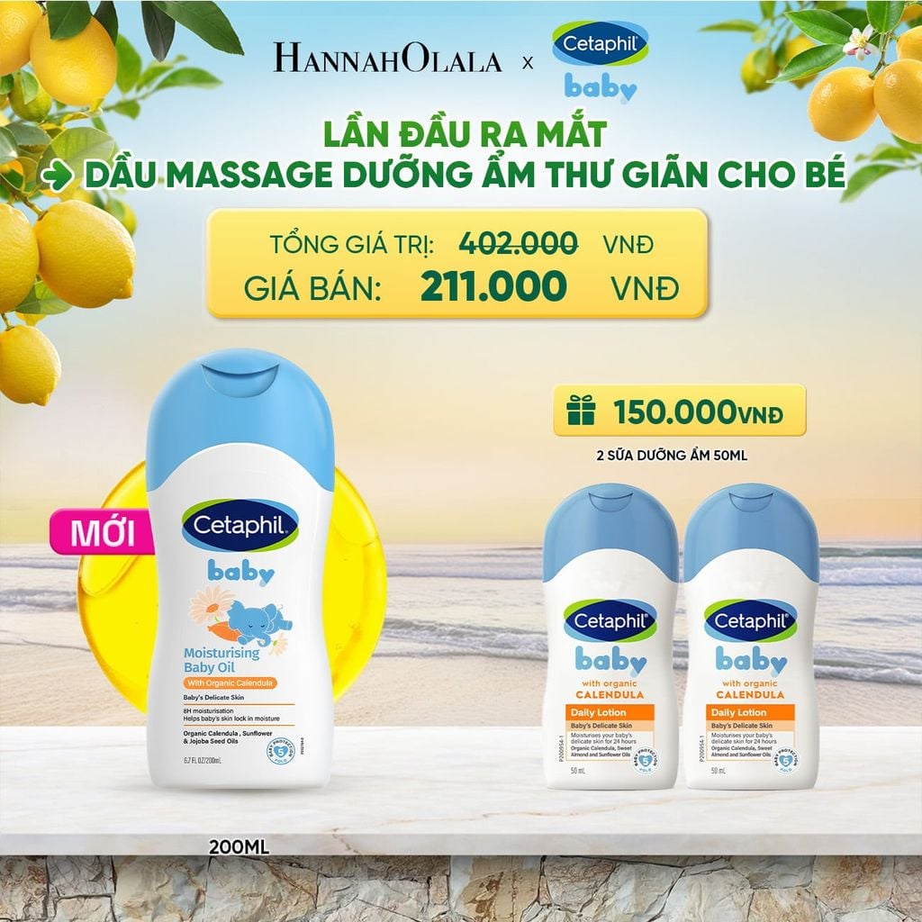  DẦU MASSAGE DƯỠNG ẨM LÀM DỊU DA BÉ VỚI HOA CÚC CALENDULA HỮU CƠ CETAPHIL BABY MOISTURISING BABY OIL WITH ORGANIC CALENDULA 200ML DEAL 17: - A1297 