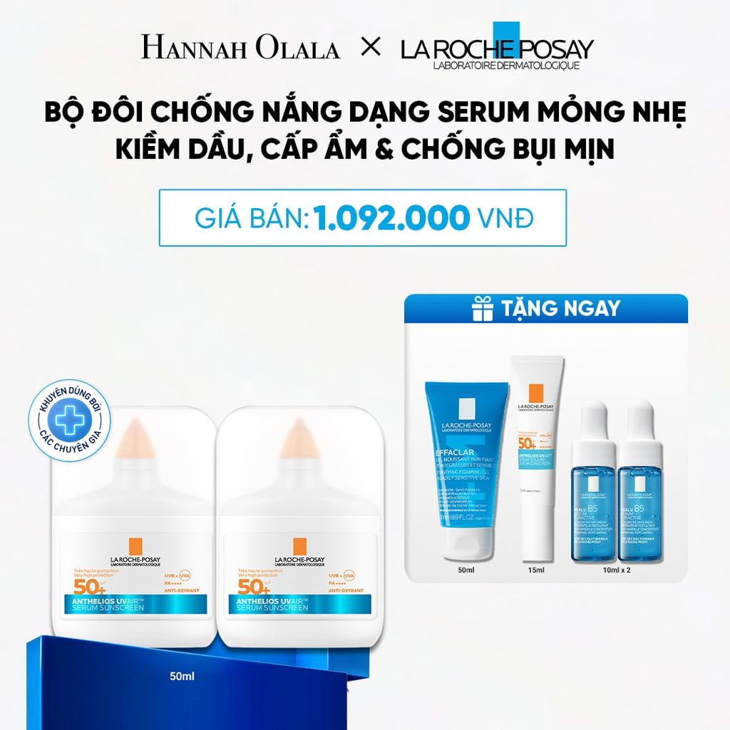  BỘ ĐÔI CHỐNG NẮNG DẠNG SERUM MỎNG NHẸ KIỀM DẦU 16H, CẤP ẨM 24H & CHỐNG BỤI MỊN LA ROCHE-POSAY ANTHELIOS UVAIR SPF50+ 50ML - B67 