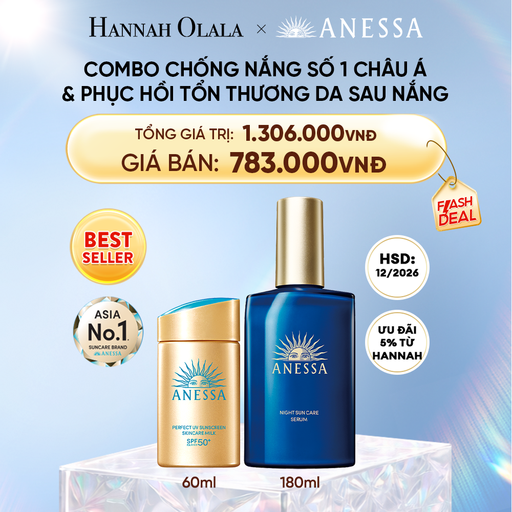  DEAL 17: COMBO KEM CHỐNG NẮNG DẠNG SỮA & SERUM PHỤC HỒI TỔN THƯƠNG SAU NẮNG CHO MẶT - TOÀN THÂN ANESSA GOLD MILK 60ML + NIGHT SERUM 180ML
HSD: 25/12/2026 