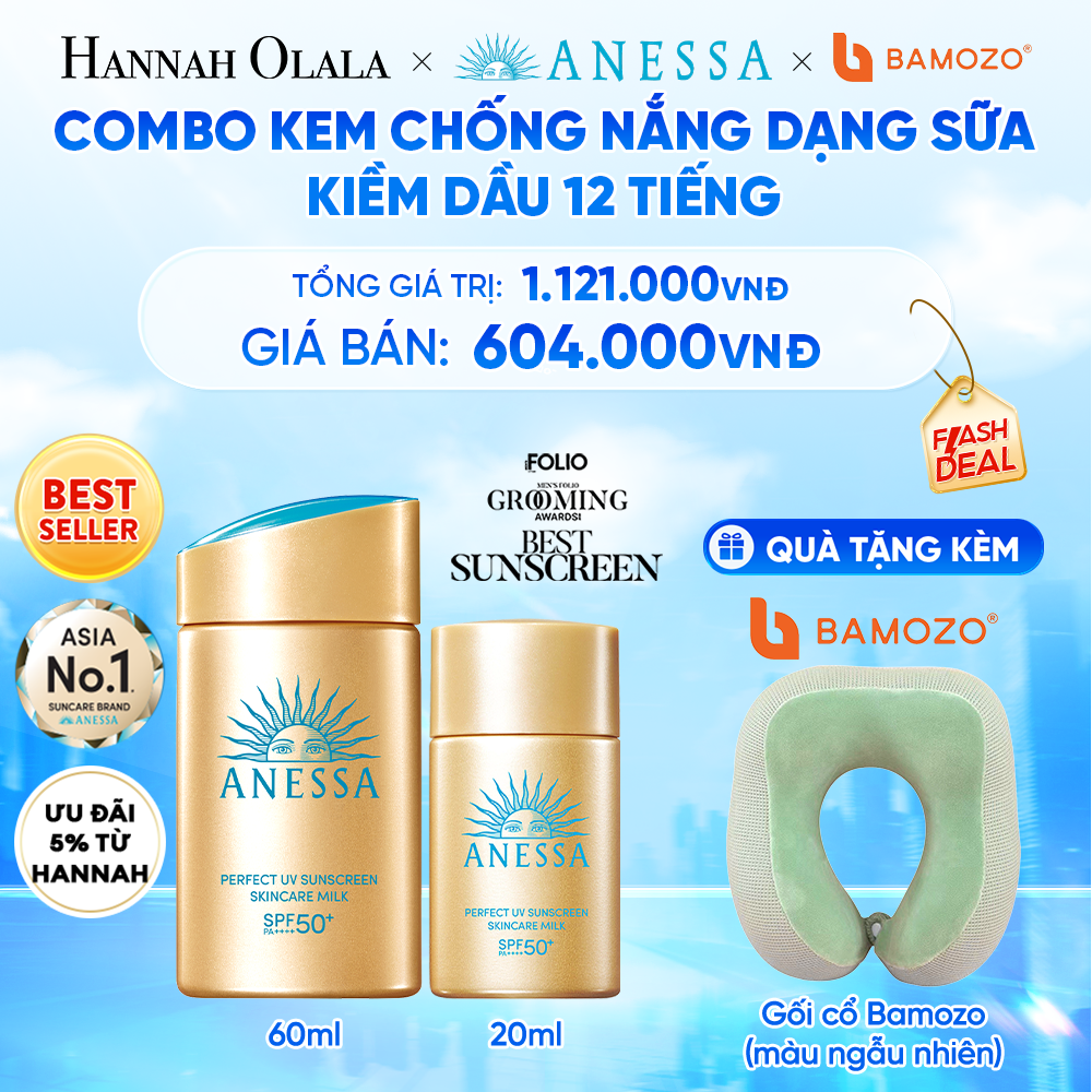  [FLASHSALE] COMBO KEM CHỐNG NẮNG DẠNG SỮA DƯỠNG DA KIỀM DẦU BẢO VỆ HOÀN HẢO ANESSA GOLD MILK SPF50+ PA++++ 60ML + 20ML 