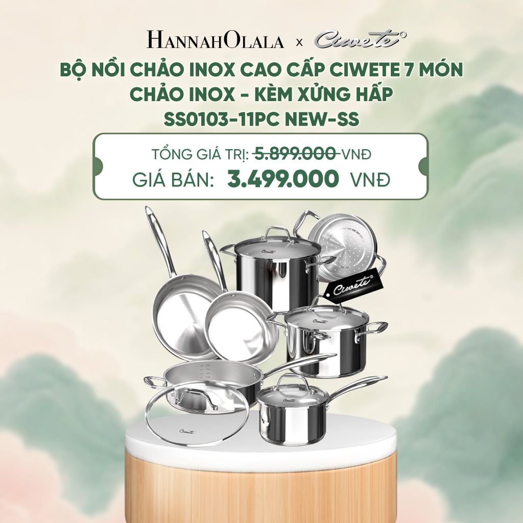  BỘ NỒI CHẢO INOX CAO CẤP CIWETE 7 MÓN - CHẢO INOX - KÈM XỬNG HẤP - SS0103-11PC NEW-SS - DEAL 17 - A2102 