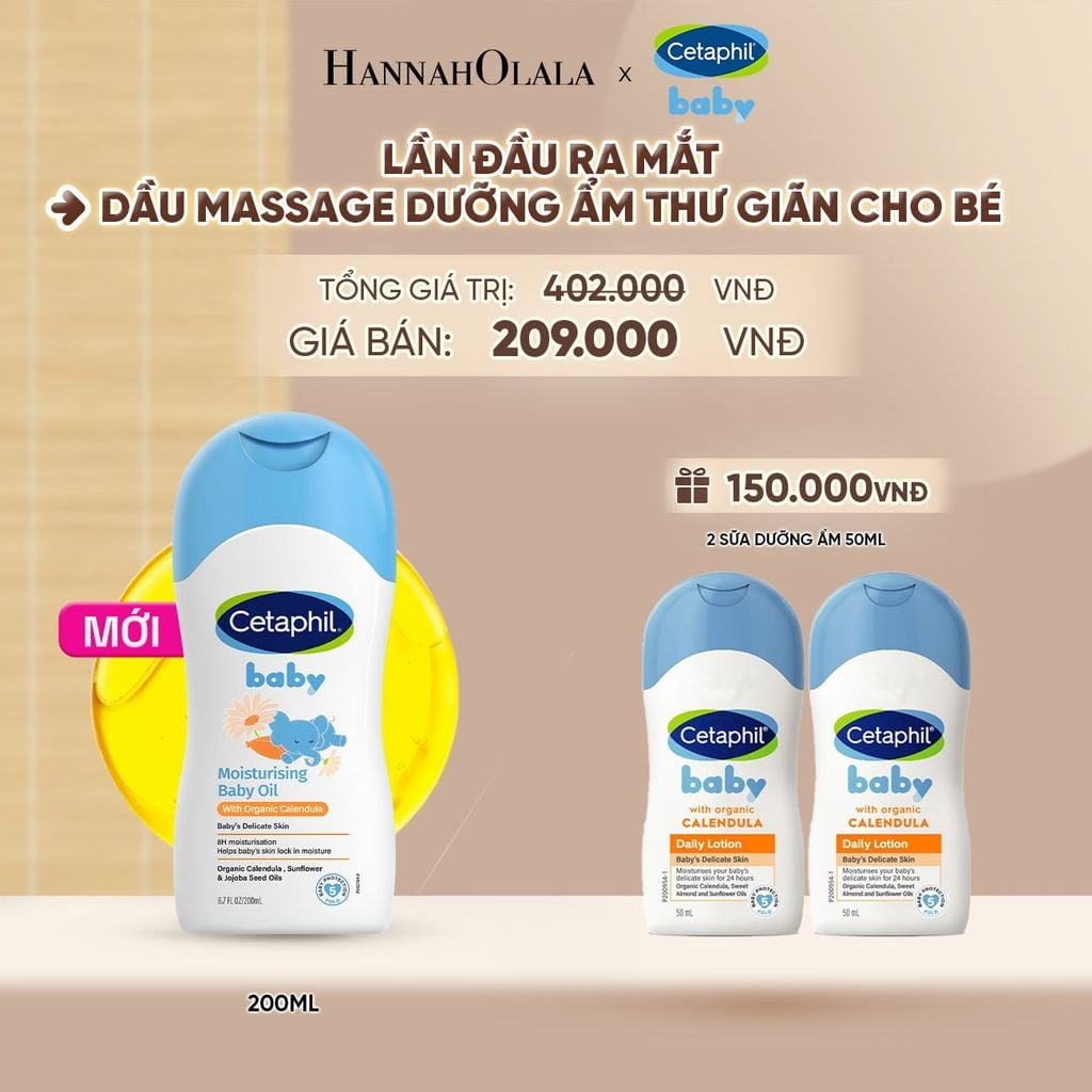  DẦU MASSAGE DƯỠNG ẨM LÀM DỊU DA BÉ VỚI HOA CÚC CALENDULA HỮU CƠ CETAPHIL BABY MOISTURISING BABY OIL WITH ORGANIC CALENDULA 200ML DEAL 17: - A1196 