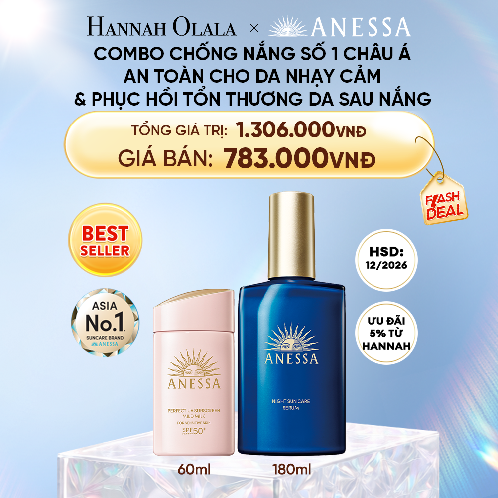 DEAL 18: COMBO KEM CHỐNG NẮNG DẠNG SỮA & SERUM PHỤC HỒI TỔN THƯƠNG SAU NẮNG AN TOÀN CHO DA NHẠY CẢM ANESSA MILD MILK 60ML + NIGHT SERUM 180ML
HSD: 29/03/2027 