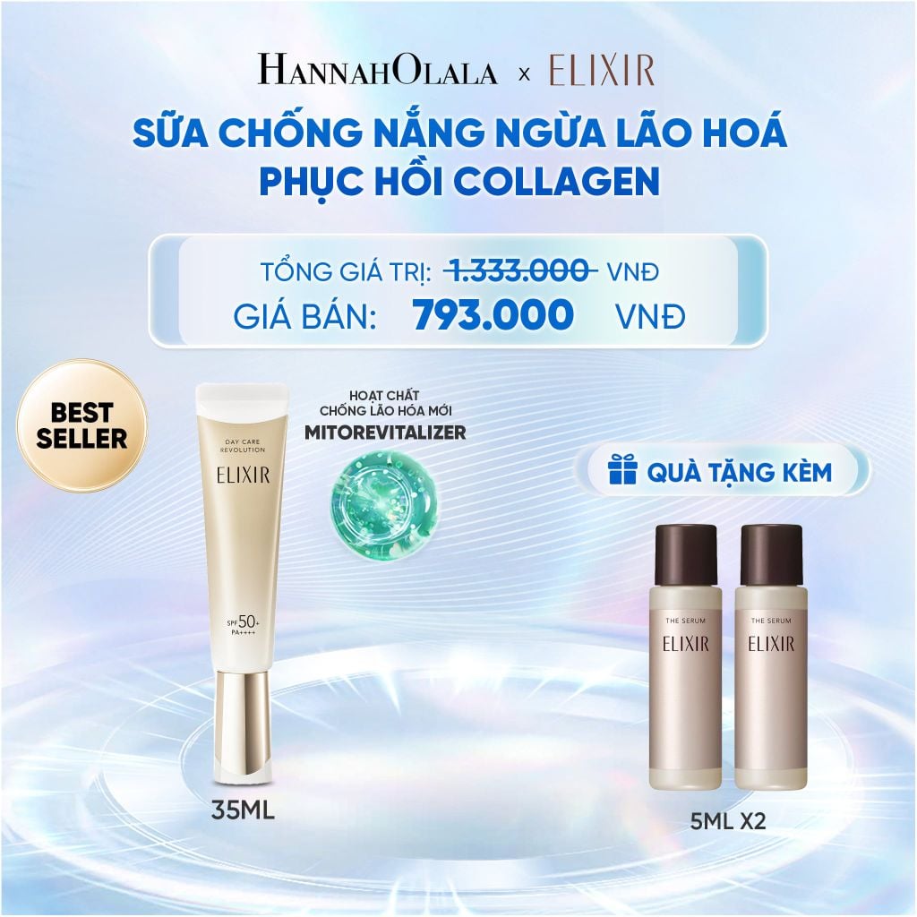  [THẾ HỆ MỚI] KEM CHỐNG NẮNG DẠNG SỮA PHỤC HỒI COLLAGEN TỪ CẤP ĐỘ TẾ BÀO ELIXIR DAY CARE REVOLUTION SPF50+ 35ML - DEAL 18 
