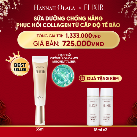  A268_DEAL 18: [THẾ HỆ MỚI] KEM CHỐNG NẮNG DẠNG SỮA PHỤC HỒI COLLAGEN TỪ CẤP ĐỘ TẾ BÀO ELIXIR DAY CARE REVOLUTION SPF50+ 35ML 
