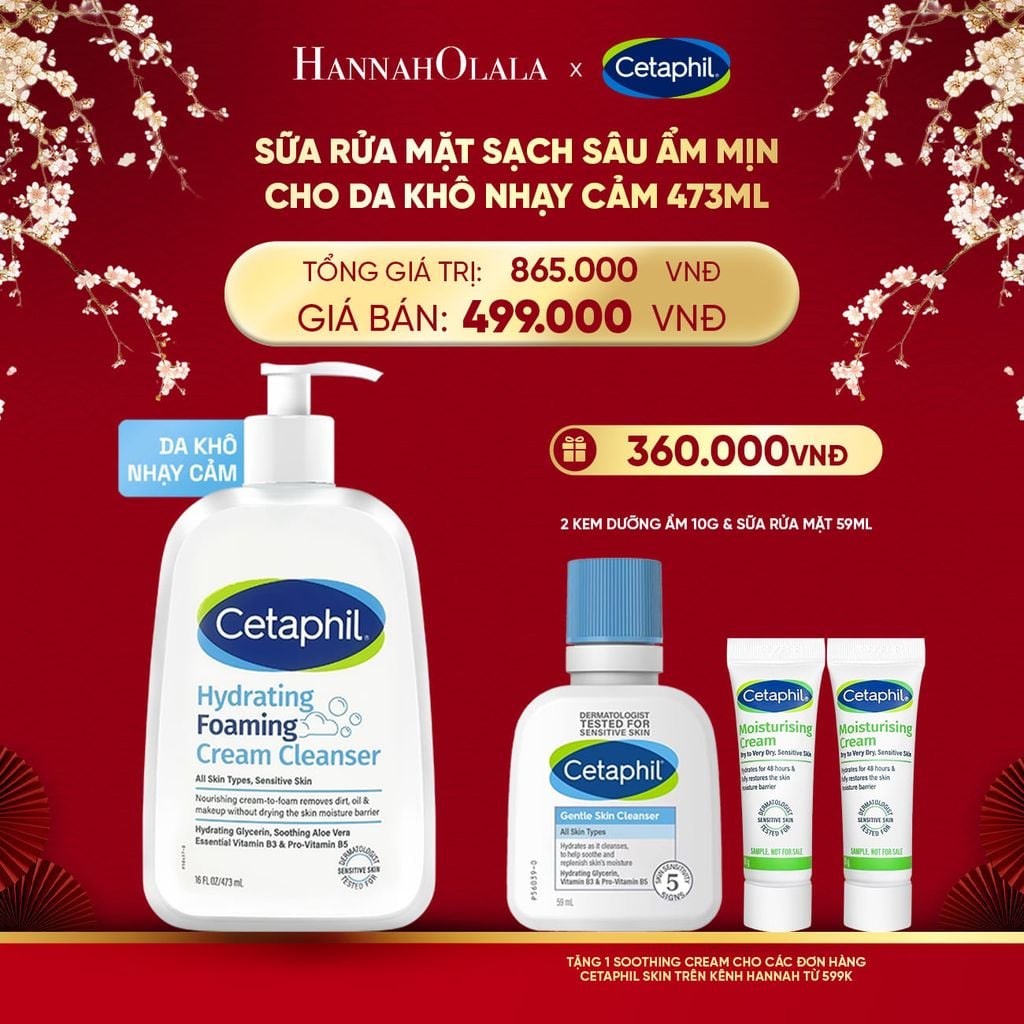  DEAL 18: SỮA RỬA MẶT TẠO BỌT DỊU LÀNH CHO DA KHÔ NHẠY CẢM CETAPHIL HYDRATING FOAMING CREAM CLEANSER 473ML 