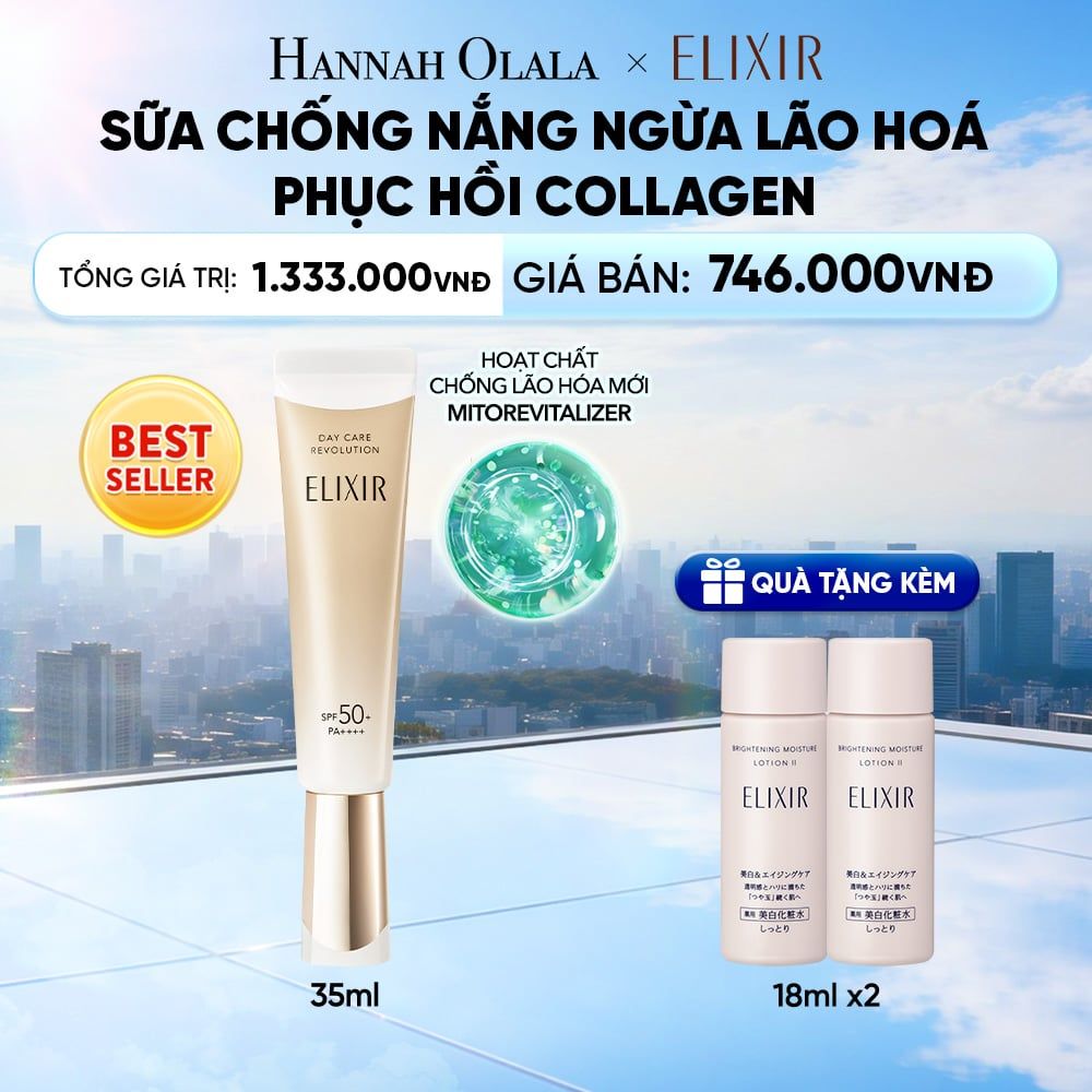  [THẾ HỆ MỚI] KEM CHỐNG NẮNG DẠNG SỮA PHỤC HỒI COLLAGEN TỪ CẤP ĐỘ TẾ BÀO ELIXIR DAY CARE REVOLUTION SPF50+ 35ML - DEAL 18 