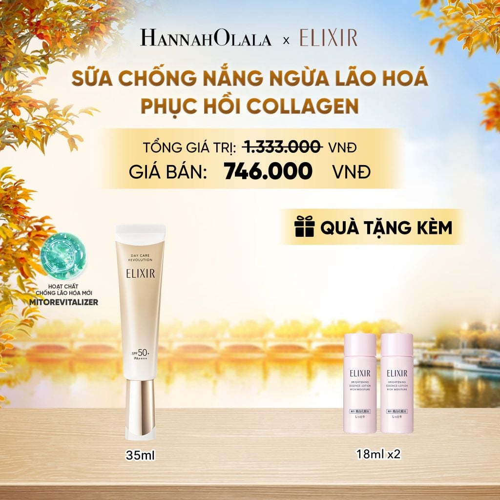  [THẾ HỆ MỚI] KEM CHỐNG NẮNG DẠNG SỮA PHỤC HỒI COLLAGEN TỪ CẤP ĐỘ TẾ BÀO ELIXIR DAY CARE REVOLUTION SPF50+ 35ML - DEAL18 - E140 