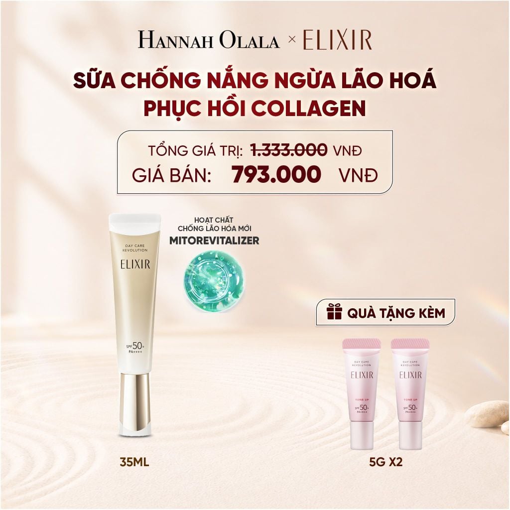  [THẾ HỆ MỚI] KEM CHỐNG NẮNG DẠNG SỮA PHỤC HỒI COLLAGEN TỪ CẤP ĐỘ TẾ BÀO ELIXIR DAY CARE REVOLUTION SPF50+ 35ML - DEAL 18 