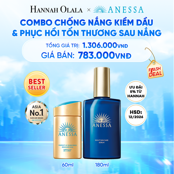  [FLASHSALE] COMBO KEM CHỐNG NẮNG DẠNG SỮA & SERUM PHỤC HỒI TỔN THƯƠNG SAU NẮNG CHO MẶT - TOÀN THÂN ANESSA GOLD MILK 60ML + NIGHT SERUM 180ML HSD: 25/12/2026 