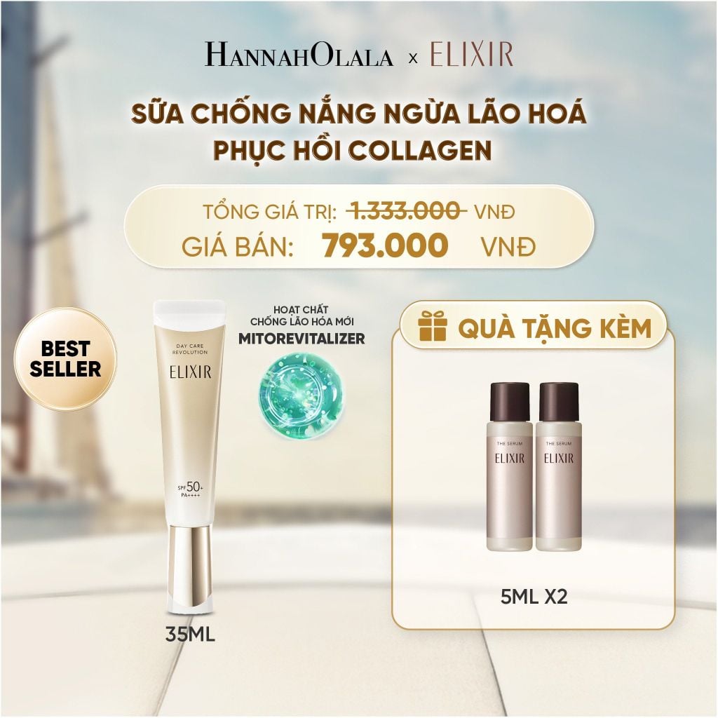  [THẾ HỆ MỚI] KEM CHỐNG NẮNG DẠNG SỮA PHỤC HỒI COLLAGEN TỪ CẤP ĐỘ TẾ BÀO ELIXIR DAY CARE REVOLUTION SPF50+ 35ML - DEAL 18 