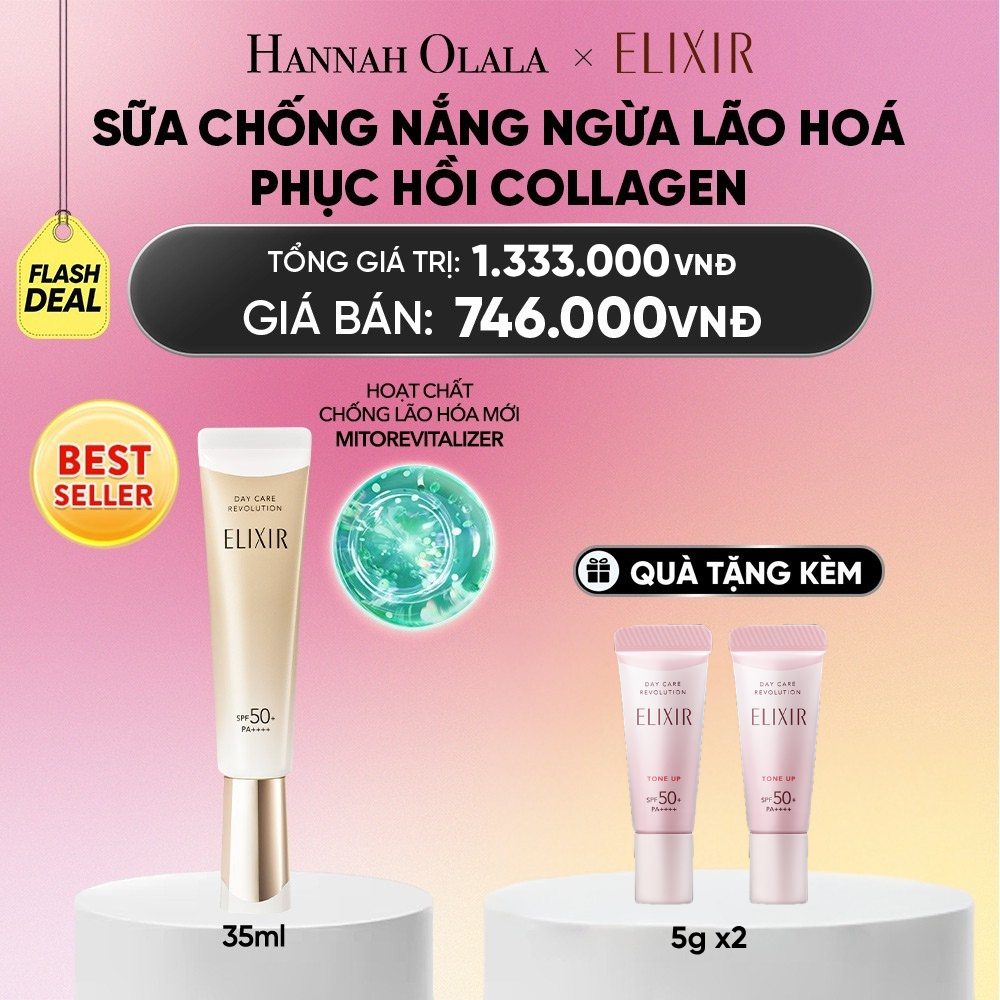  [THẾ HỆ MỚI] KEM CHỐNG NẮNG DẠNG SỮA PHỤC HỒI COLLAGEN TỪ CẤP ĐỘ TẾ BÀO ELIXIR DAY CARE REVOLUTION SPF50+ 35ML - DEAL 18_A1634 