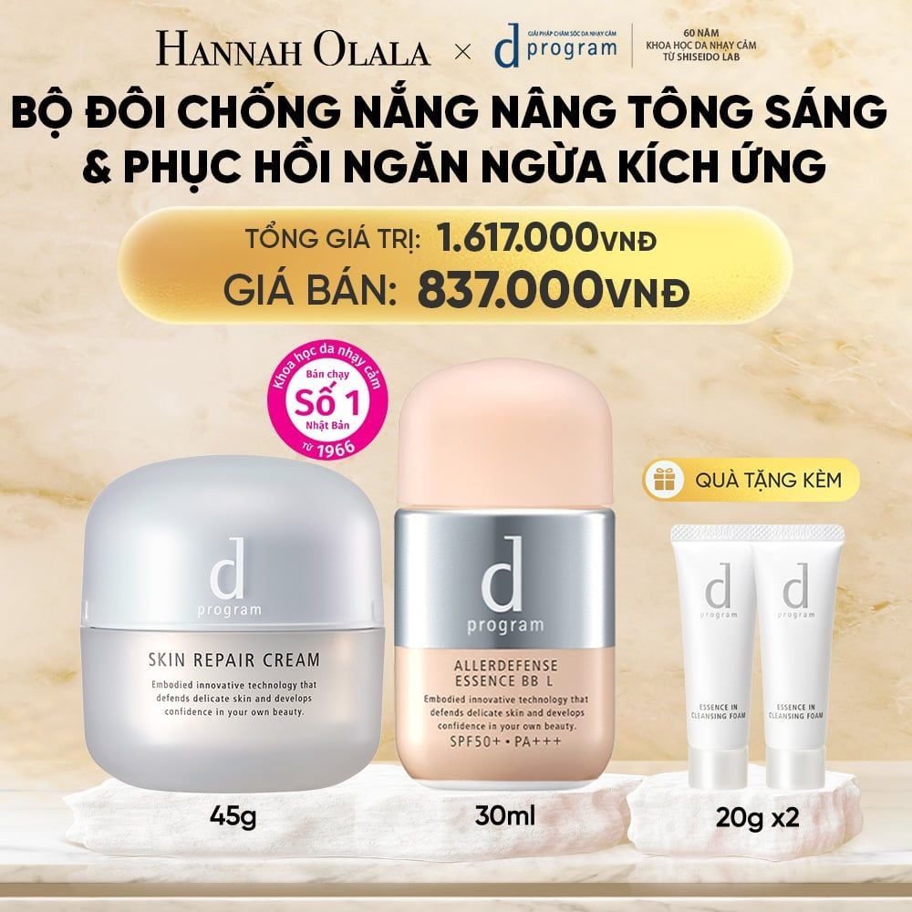  COMBO KEM DƯỠNG PHỤC HỒI DA D PROGRAM SKIN REPAIR CREAM 45G + KEM CHỐNG NẮNG TRANG ĐIỂM DẠNG TINH CHẤT DÀNH CHO DA NHẠY CẢM DPROGRAM ALLERDEFENSE ESSENCE BB TÔNG SÁNG 30ML, SPF50, PA+++ - DEAL 19 
