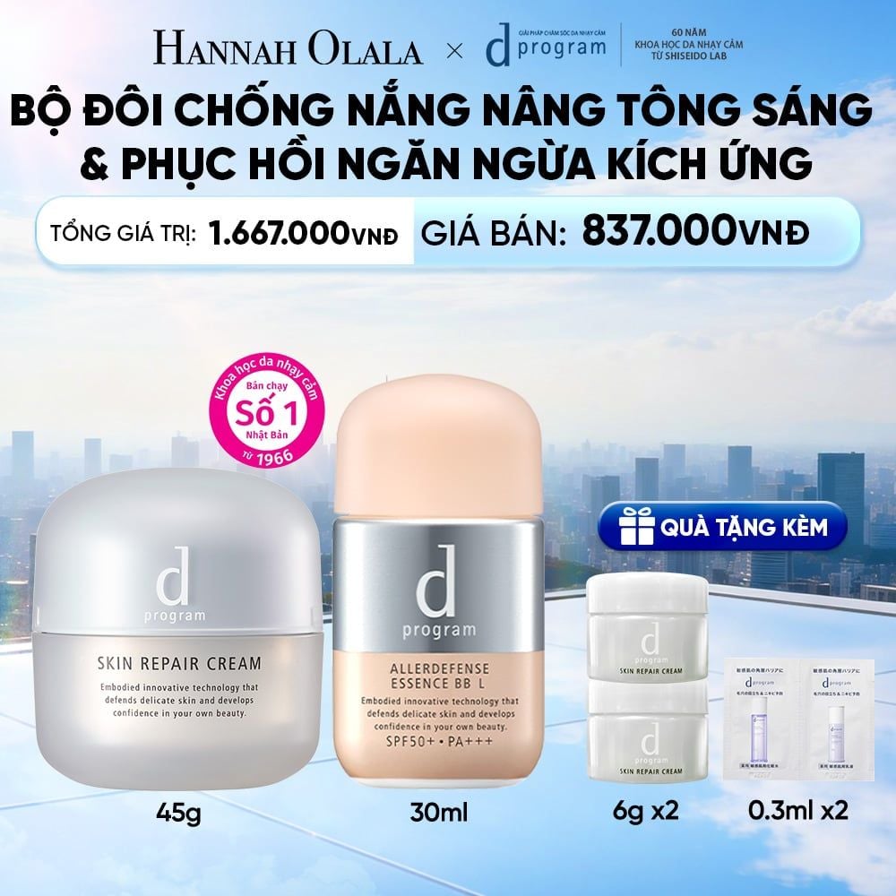  COMBO KEM DƯỠNG PHỤC HỒI DA D PROGRAM SKIN REPAIR CREAM 45G + KEM CHỐNG NẮNG TRANG ĐIỂM DẠNG TINH CHẤT DÀNH CHO DA NHẠY CẢM DPROGRAM ALLERDEFENSE ESSENCE BB TÔNG SÁNG 30ML, SPF50, PA+++ - DEAL 19 