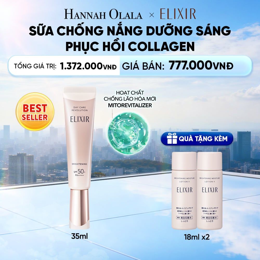  [THẾ HỆ MỚI] KEM CHỐNG NẮNG DẠNG SỮA DƯỠNG SÁNG PHỤC HỒI COLLAGEN TỪ CẤP ĐỘ TẾ BÀO ELIXIR DAY CARE REVOLUTION SPF50+ 35ML - DEAL 19 