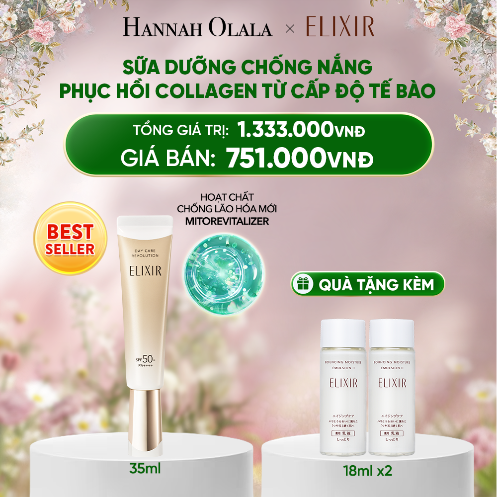  DEAL 19: [THẾ HỆ MỚI] KEM CHỐNG NẮNG DẠNG SỮA PHỤC HỒI COLLAGEN TỪ CẤP ĐỘ TẾ BÀO ELIXIR DAY CARE REVOLUTION SPF50+ 35ML 