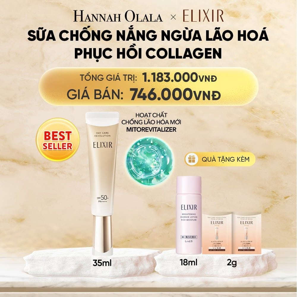  [THẾ HỆ MỚI] KEM CHỐNG NẮNG DẠNG SỮA PHỤC HỒI COLLAGEN TỪ CẤP ĐỘ TẾ BÀO ELIXIR DAY CARE REVOLUTION SPF50+ 35ML - DEAL 19 