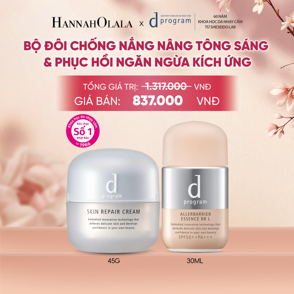  COMBO KEM DƯỠNG PHỤC HỒI DA D PROGRAM SKIN REPAIR CREAM 45G + KEM CHỐNG NẮNG TRANG ĐIỂM DẠNG TINH CHẤT DÀNH CHO DA NHẠY CẢM DPROGRAM ALLERDEFENSE ESSENCE BB TÔNG SÁNG 30ML, SPF50, PA+++ - DEAL 19 - A2056 
