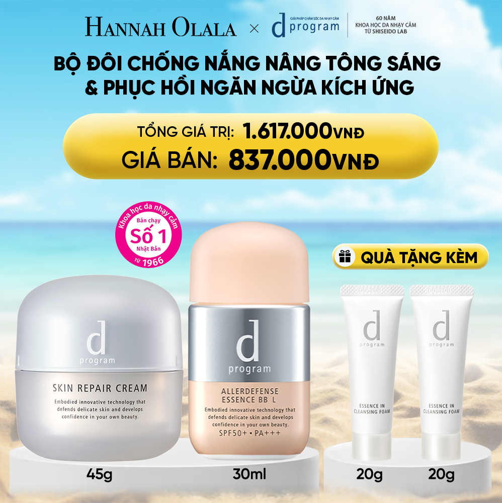  DEAL 19: COMBO KEM DƯỠNG PHỤC HỒI DA D PROGRAM SKIN REPAIR CREAM 45G + KEM CHỐNG NẮNG TRANG ĐIỂM DẠNG TINH CHẤT DÀNH CHO DA NHẠY CẢM DPROGRAM ALLERDEFENSE ESSENCE BB TÔNG SÁNG 30ML, SPF50, PA+++ 