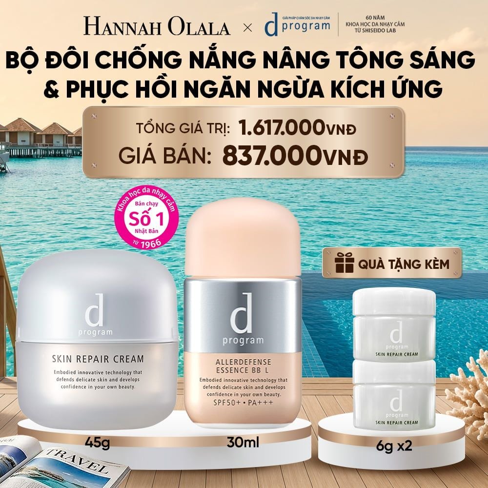  COMBO KEM DƯỠNG PHỤC HỒI DA D PROGRAM SKIN REPAIR CREAM 45G + KEM CHỐNG NẮNG TRANG ĐIỂM DẠNG TINH CHẤT DÀNH CHO DA NHẠY CẢM DPROGRAM ALLERDEFENSE ESSENCE BB TÔNG SÁNG 30ML, SPF50, PA+++ - DEAL 19_ D1925 