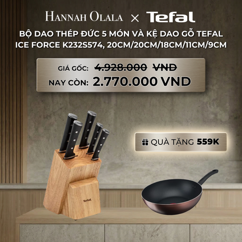  DEAL 19: BỘ DAO THÉP ĐỨC 5 MÓN VÀ KỆ DAO GỖ TEFAL ICE FORCE K232S574, 20CM/20CM/18CM/11CM/9CM 