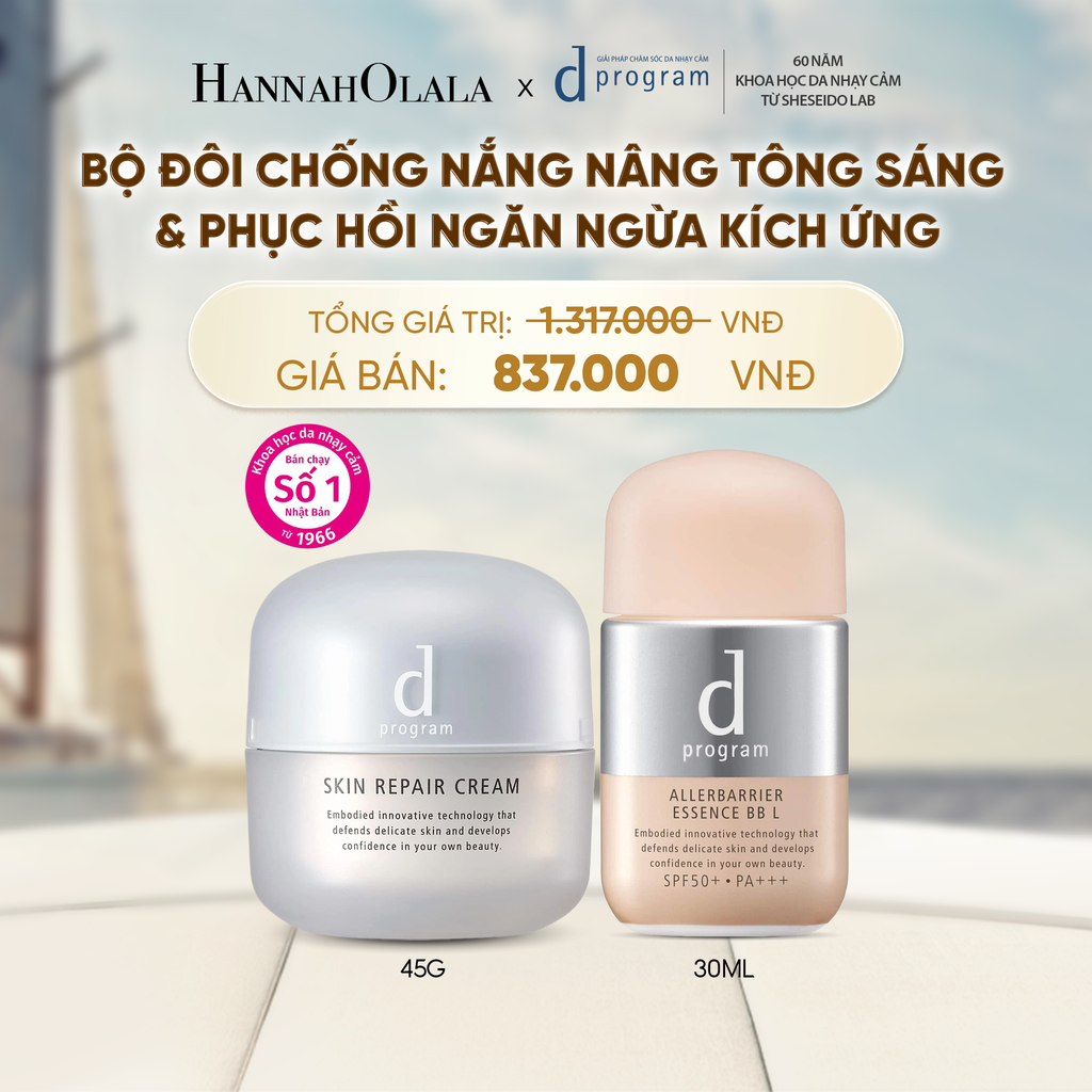  COMBO KEM DƯỠNG PHỤC HỒI DA D PROGRAM SKIN REPAIR CREAM 45G + KEM CHỐNG NẮNG TRANG ĐIỂM DẠNG TINH CHẤT DÀNH CHO DA NHẠY CẢM DPROGRAM ALLERDEFENSE ESSENCE BB TÔNG SÁNG 30ML, SPF50, PA+++ - DEAL 19 