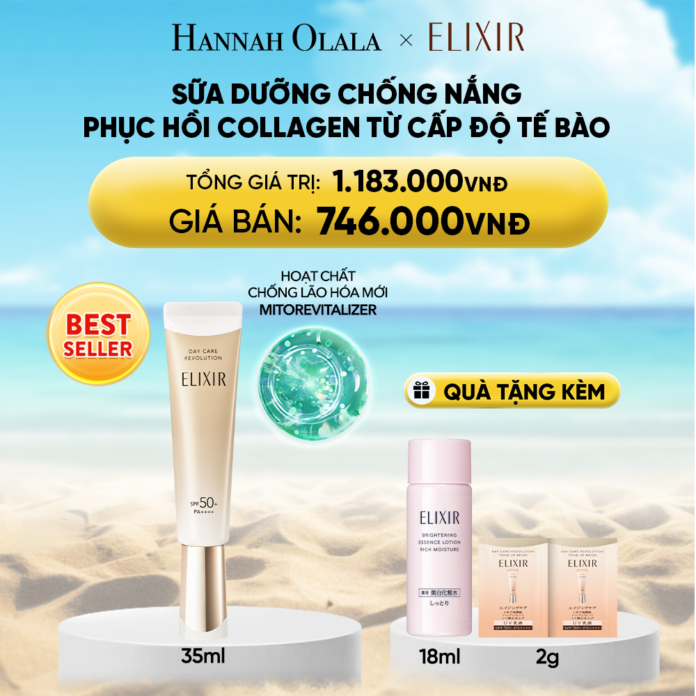  DEAL 19: [THẾ HỆ MỚI] KEM CHỐNG NẮNG DẠNG SỮA PHỤC HỒI COLLAGEN TỪ CẤP ĐỘ TẾ BÀO ELIXIR DAY CARE REVOLUTION SPF50+ 35ML 
