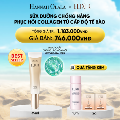  DEAL 19: [THẾ HỆ MỚI] KEM CHỐNG NẮNG DẠNG SỮA PHỤC HỒI COLLAGEN TỪ CẤP ĐỘ TẾ BÀO ELIXIR DAY CARE REVOLUTION SPF50+ 35ML 