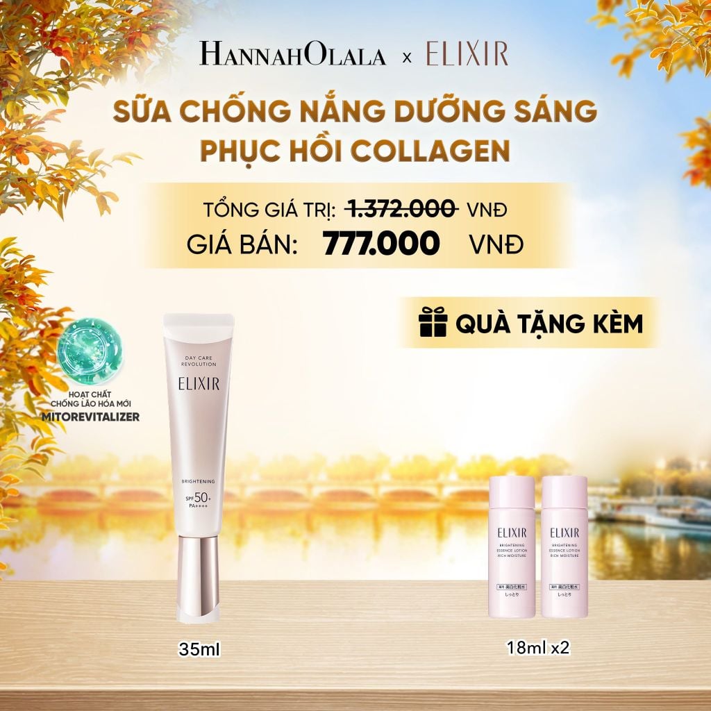  [THẾ HỆ MỚI] KEM CHỐNG NẮNG DẠNG SỮA DƯỠNG SÁNG PHỤC HỒI COLLAGEN TỪ CẤP ĐỘ TẾ BÀO ELIXIR DAY CARE REVOLUTION SPF50+ 35ML - DEAL19 - E141 
