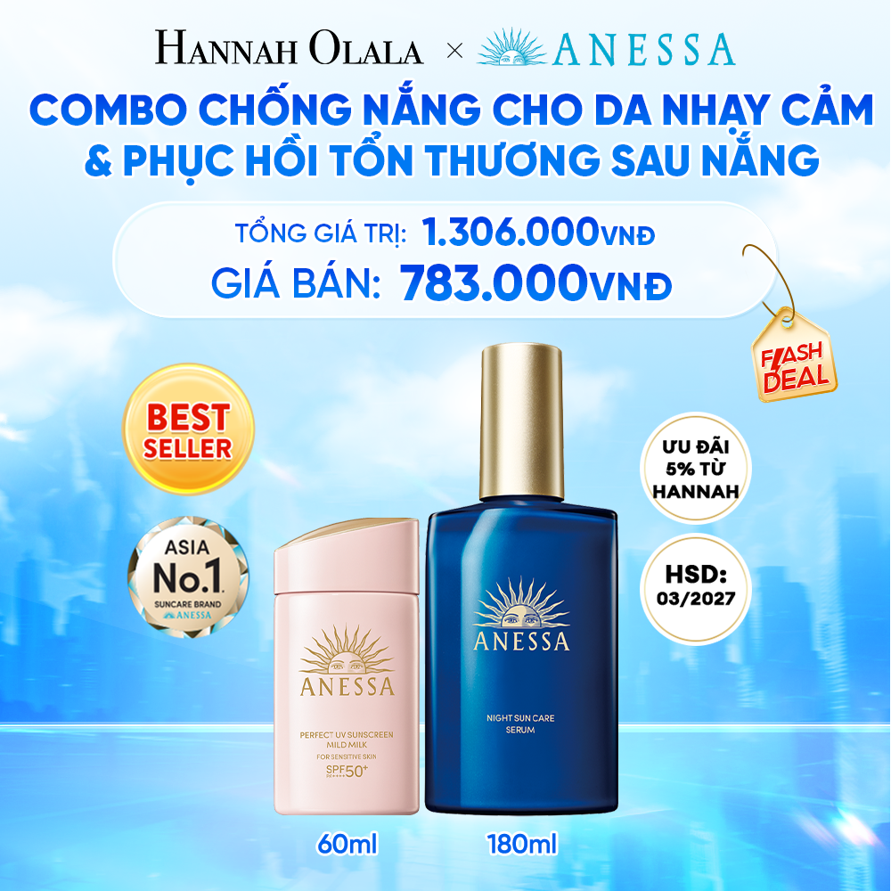  [FLASHSALE] COMBO KEM CHỐNG NẮNG DẠNG SỮA & SERUM PHỤC HỒI TỔN THƯƠNG SAU NẮNG AN TOÀN CHO DA NHẠY CẢM ANESSA MILD MILK 60ML + NIGHT SERUM 180ML HSD: 29/03/2027 